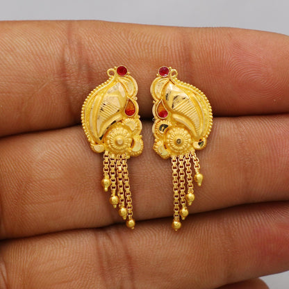 22k Yellow Gold Dangle Stud Tops Earrings Indian Jewelry with chains , Vintage Tribal Traditional handmade jewelry  Made In India, K6106