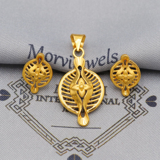 22k Gold Indian Pendant & Earrings Set: Handcrafted Floral Women Handmade Gold Jewelry from India, K6222