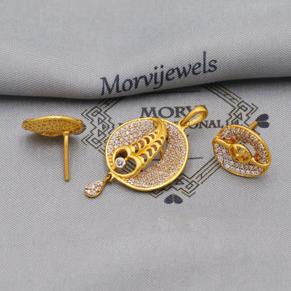 CZ 22k Gold Indian Pendant & Earrings Set: Handcrafted Women Handmade Gold Jewelry from India, K6224