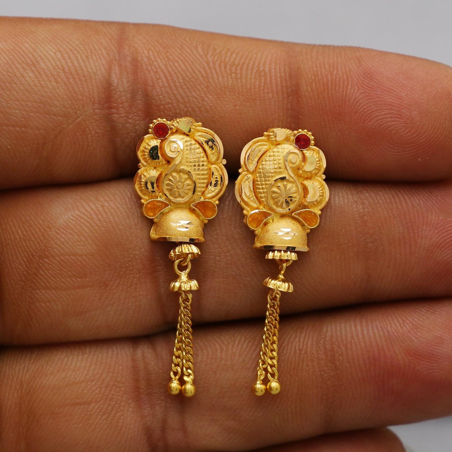 22k Gold Dangle Earrings Indian Jewelry with hanging chains, Vintage Tribal Traditional handmade Indian Jewelry, K6856