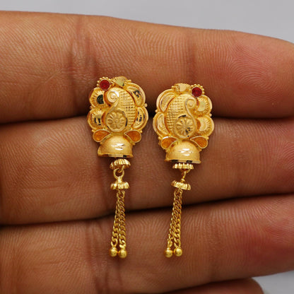 22k Gold Dangle Earrings Indian Jewelry with hanging chains, Vintage Tribal Traditional handmade Indian Jewelry, K6856