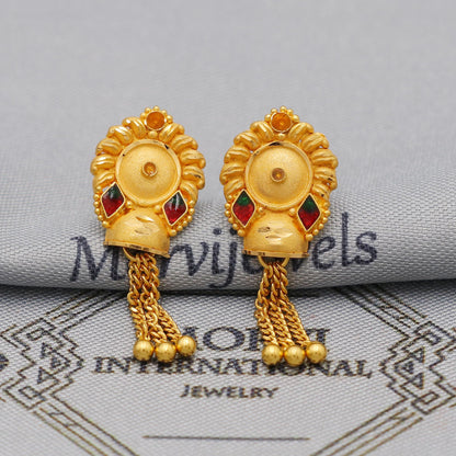 22k Yellow Gold Dangle Stud Tops Earrings Indian Jewelry with chains , Vintage Tribal Traditional handmade jewelry  Made In India, K6109