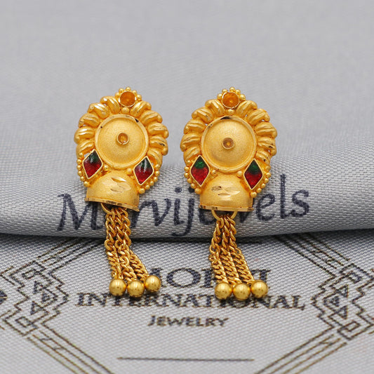 22k Yellow Gold Dangle Stud Tops Earrings Indian Jewelry with chains , Vintage Tribal Traditional handmade jewelry  Made In India, K6109