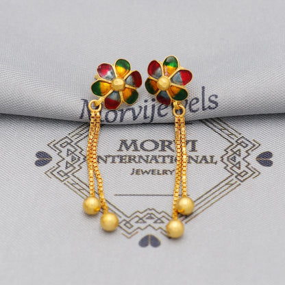 22k Yellow Gold Dangle long Earrings Jewelry with chains , Vintage Tribal Traditional handmade jewelry, Enamel Flower Meena, K6110