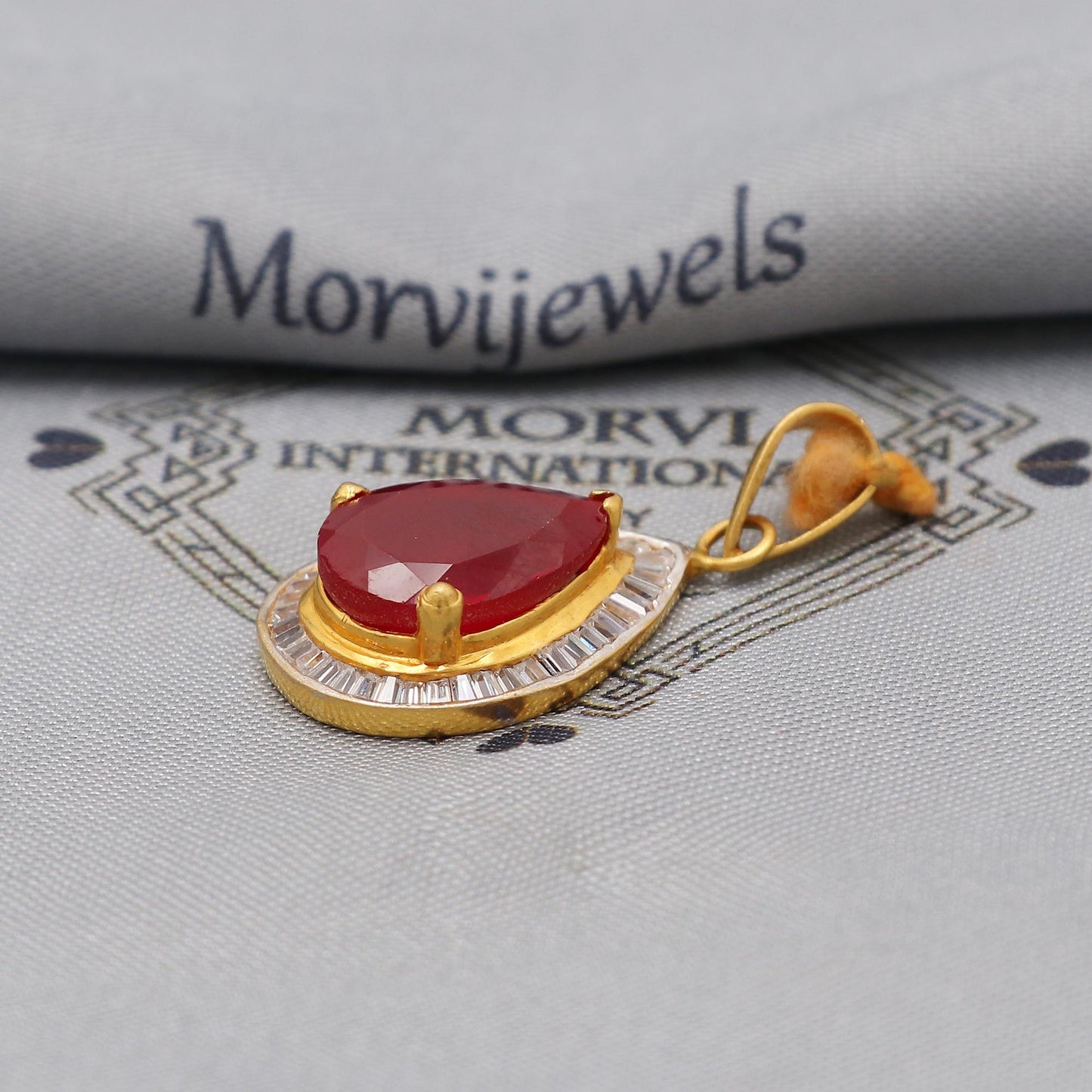 Ruby Zirconia 22k Gold Indian Pendant, Handcrafted Women Handmade Gold Jewelry from India, K6229