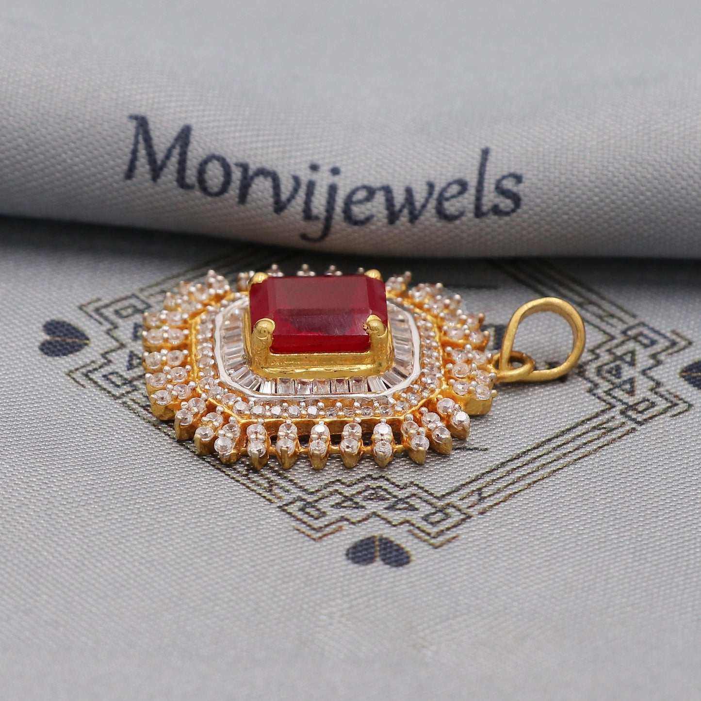 Ruby Zirconia 22k Gold Indian Pendant, Handcrafted Women Handmade Gold Jewelry from India, K6230