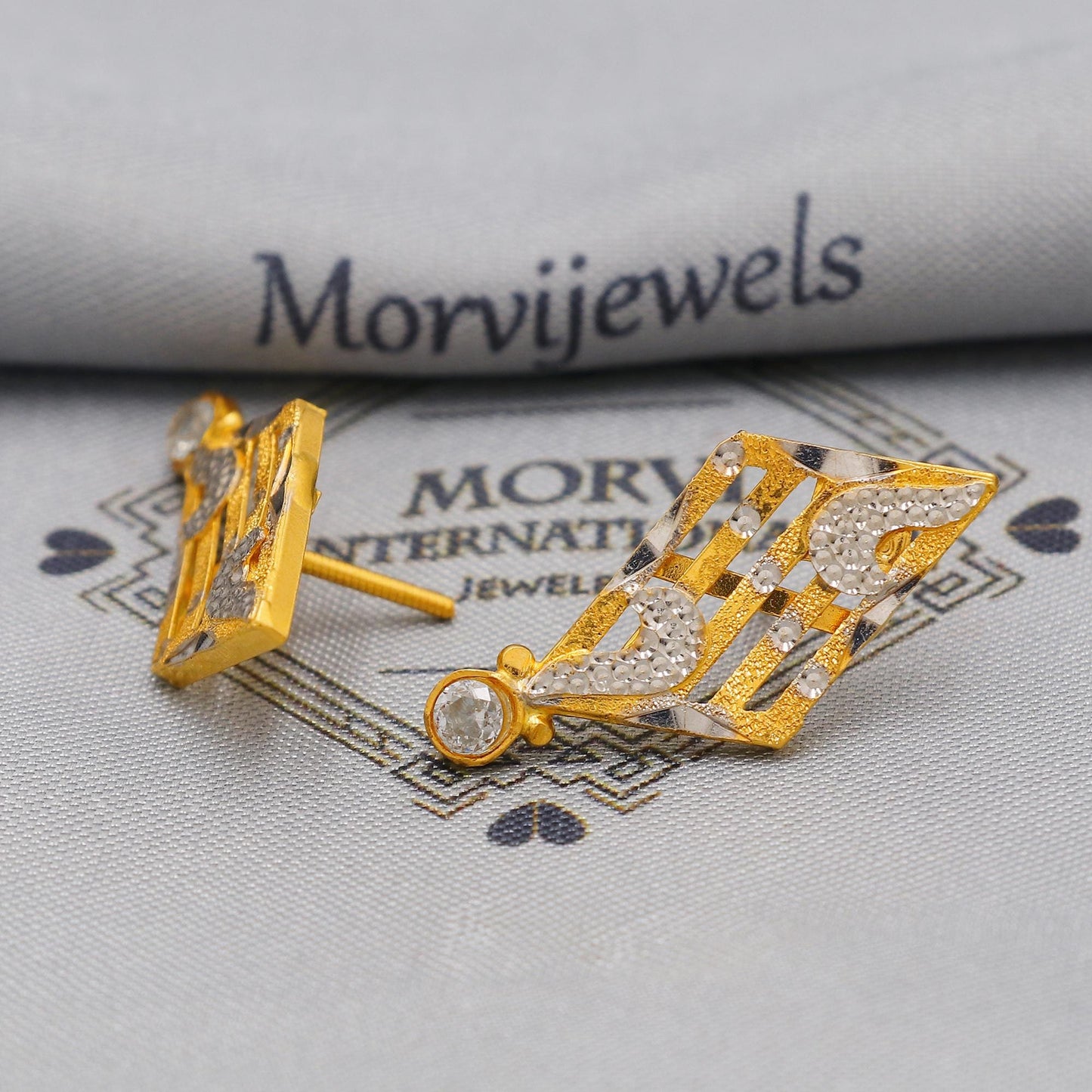 Two Tone Pure 22k Yellow Gold Stud Earrings , Handmade Yellow gold earrings for women,  dainty Indian gold earrings gift, K6233