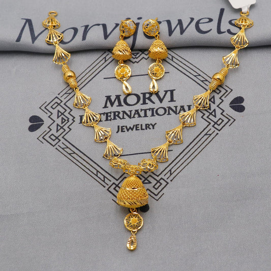 22k Yellow Gold Necklace Earrings set, Designer Pendant Necklace, light weight dainty Indian Gold Handmade wedding necklace Jewelry for gift
