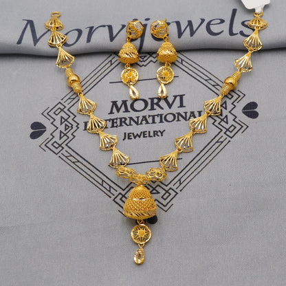 22k Yellow Gold Necklace Earrings set, Designer Pendant Necklace, light weight dainty Indian Gold Handmade wedding necklace Jewelry for gift