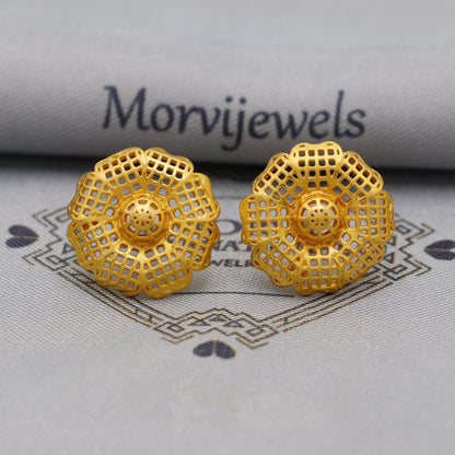 Flower Solid real 22k Gold Stud Earrings Jewelry for women, Filigree Style Gold Tops, Indian Handmade Vintage Style Earrings, K6249