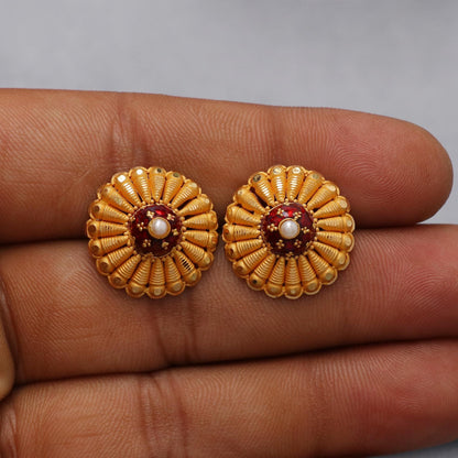 22k Gold Indian Pendant & Earring Set: Ethnic Wedding Jewelry