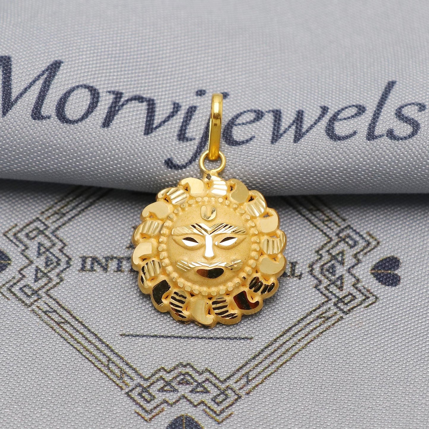 20k Yellow Gold Sun Face Pendant: Indian Surya Dev Jewelry, Engraved Gold Charms