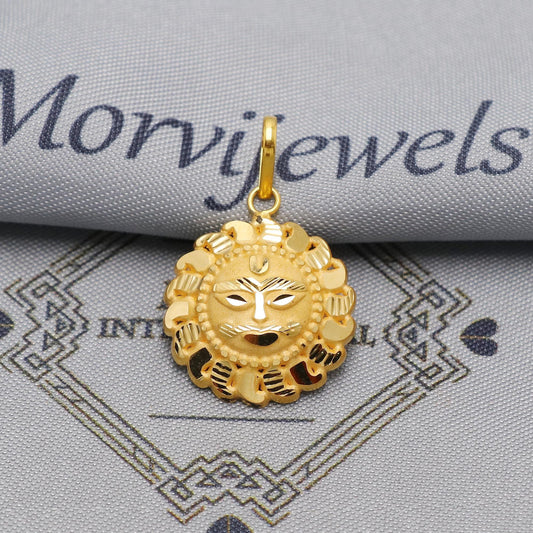 20k Yellow Gold Sun Face Pendant: Indian Surya Dev Jewelry, Engraved Gold Charms
