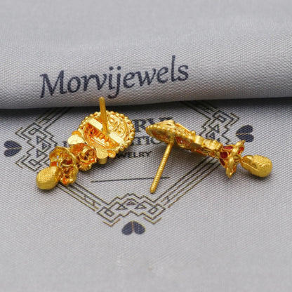 22k Yellow Gold Jhumka Earrings with dangling small chandelier, Handmade Vintage Pure Traditional Indian WEDDING Earrings jewelry, K6272