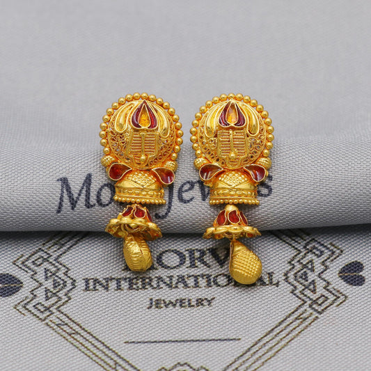 22k Yellow Gold Jhumka Earrings with dangling small chandelier, Handmade Vintage Pure Traditional Indian WEDDING Earrings jewelry, K6272