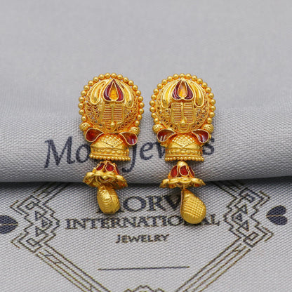 22k Yellow Gold Jhumka Earrings with dangling small chandelier, Handmade Vintage Pure Traditional Indian WEDDING Earrings jewelry, K6272