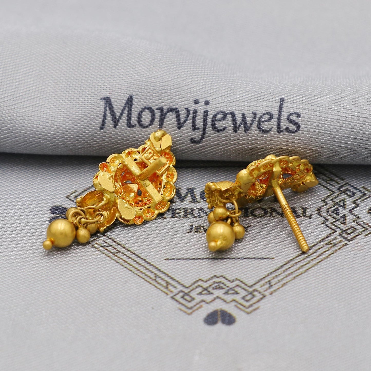22k Yellow Gold Jhumka Earrings with dangling small beads, Handmade Vintage Pure Traditional Indian WEDDING Earrings jewelry, K6273