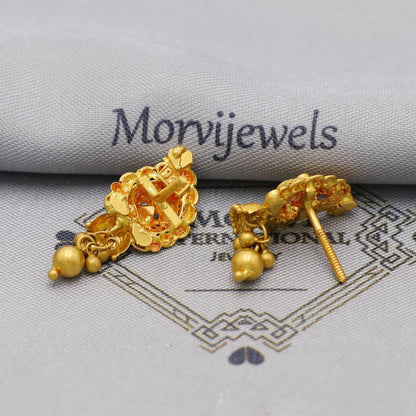 22k Yellow Gold Jhumka Earrings with dangling small beads, Handmade Vintage Pure Traditional Indian WEDDING Earrings jewelry, K6273