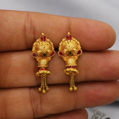 22k Yellow Gold Jhumka Earrings with dangling small chandelier, Handmade Vintage Pure Traditional Indian WEDDING Earrings jewelry, K6274