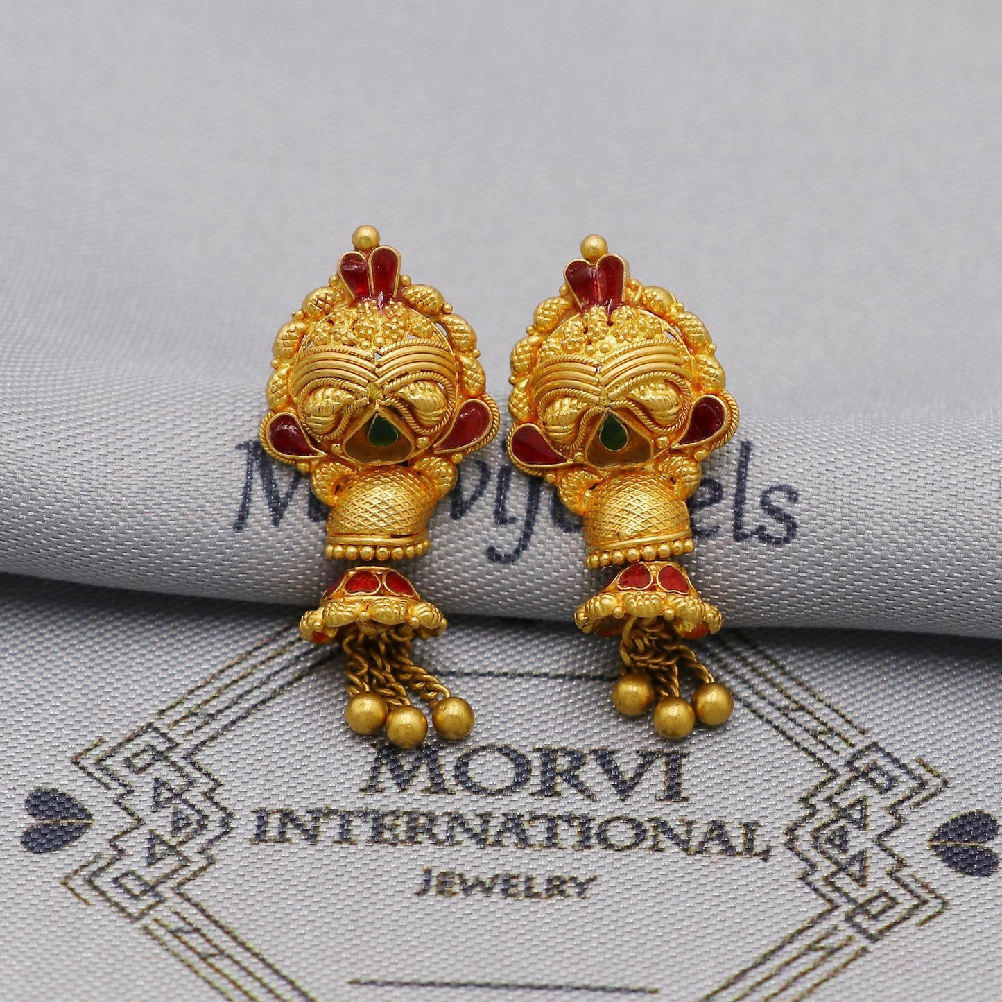 22k Yellow Gold Jhumka Earrings with dangling small chandelier, Handmade Vintage Pure Traditional Indian WEDDING Earrings jewelry, K6274