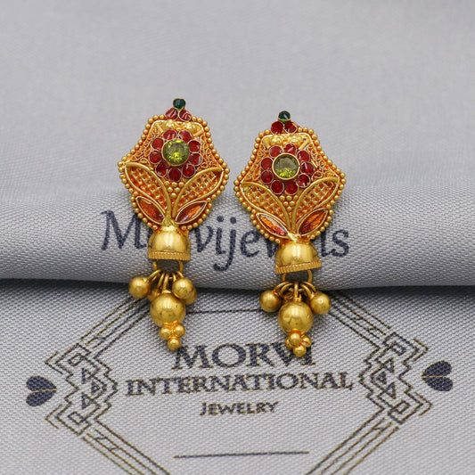 22k Yellow Gold Jhumka Earrings with dangling small beads, Handmade Vintage Pure Traditional Indian WEDDING Earrings jewelry, K6275