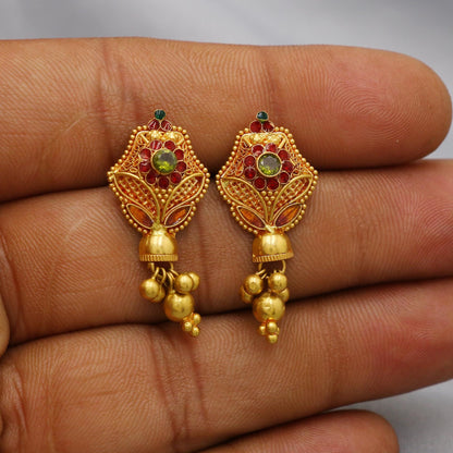 22k Yellow Gold Jhumka Earrings with dangling small beads, Handmade Vintage Pure Traditional Indian WEDDING Earrings jewelry, K6275