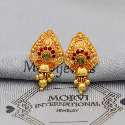 22k Yellow Gold Earrings with dangling small beads, Handmade Vintage Pure Traditional Indian Daily Wear Earrings jewelry, K6276