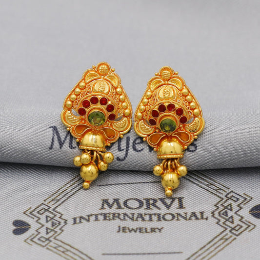 22k Yellow Gold Earrings with dangling small beads, Handmade Vintage Pure Traditional Indian Daily Wear Earrings jewelry, K6276