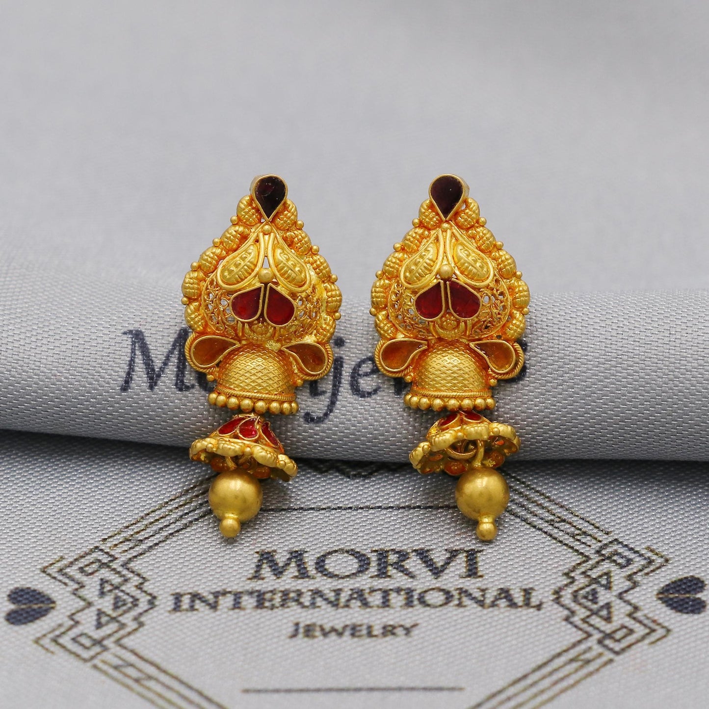 22k Yellow Gold Jhumka Earrings with dangling small chandelier, Handmade Vintage Pure Traditional Indian WEDDING Earrings jewelry, K6277