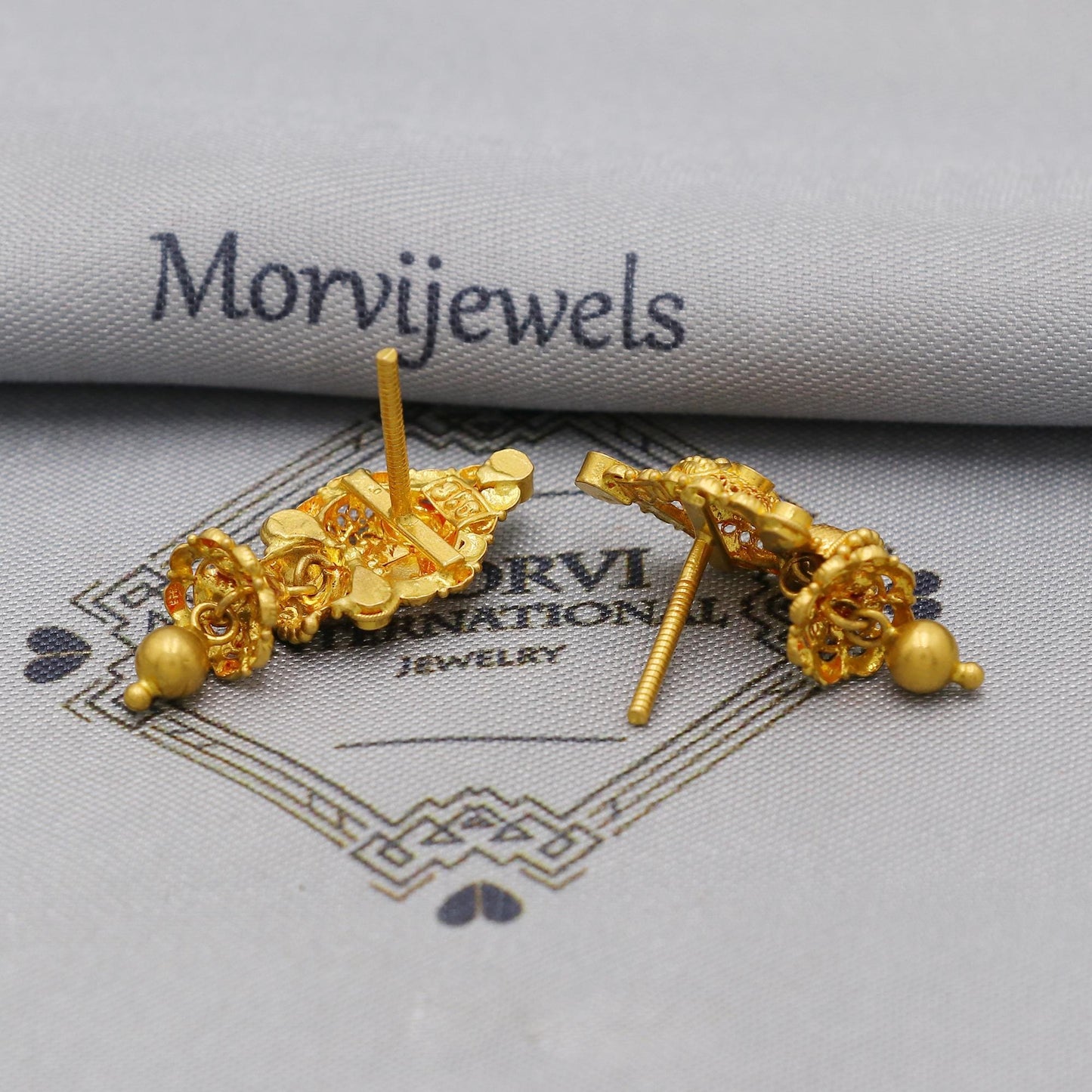 22k Yellow Gold Jhumka Earrings with dangling small chandelier, Handmade Vintage Pure Traditional Indian WEDDING Earrings jewelry, K6277