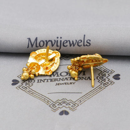Indian 22k Yellow Gold Earrings with dangling small beads, Handmade Vintage Pure Traditional Daily Wear Earrings jewelry, K6279