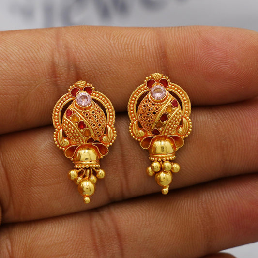 Handmade 22k Earrings India, Indian Gold Tops, Handmade Gold Jewelry From India, K6281