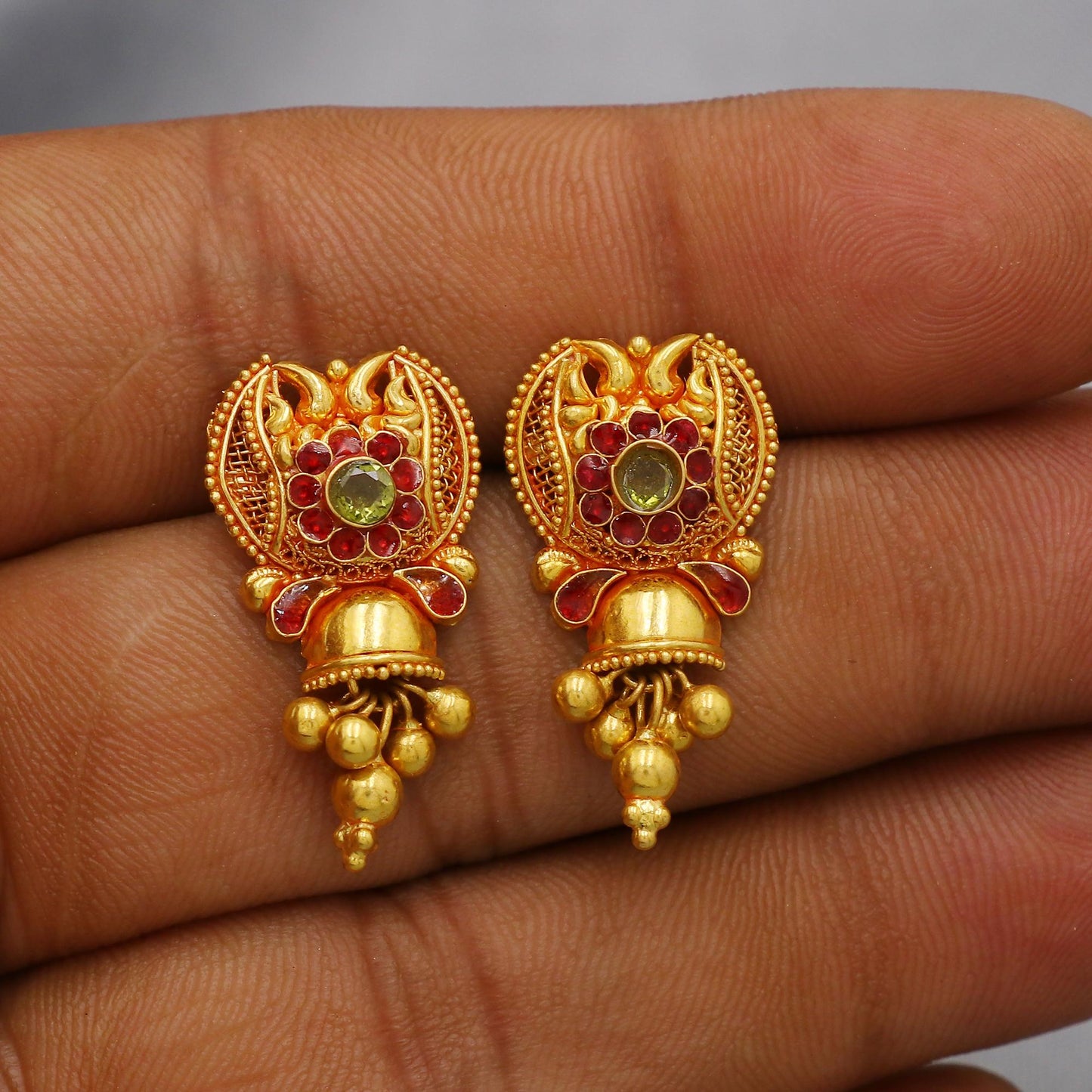 Handmade 22k Earrings India, Indian Gold Tops, Handmade Gold Jewelry From India, K6286