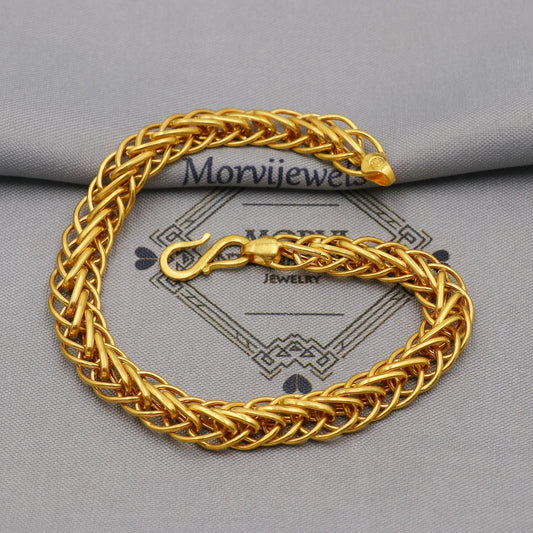 22k Gold Bracelet For Men: Interlocking Wheat Bracelet, Handmade Indian Style Jewelry