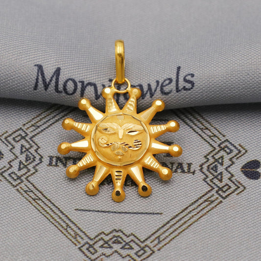 20k/18k Yellow Gold Sun Face Pendant: Indian Surya Dev Jewelry, K6363