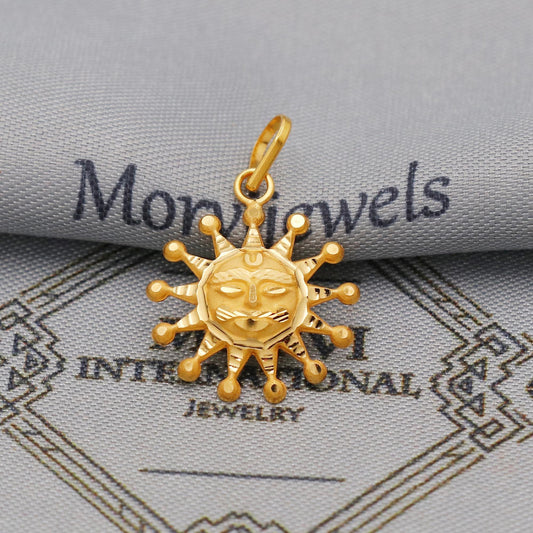 20k/18k Yellow Gold Sun Face Pendant: Indian Surya Dev Jewelry, K6370
