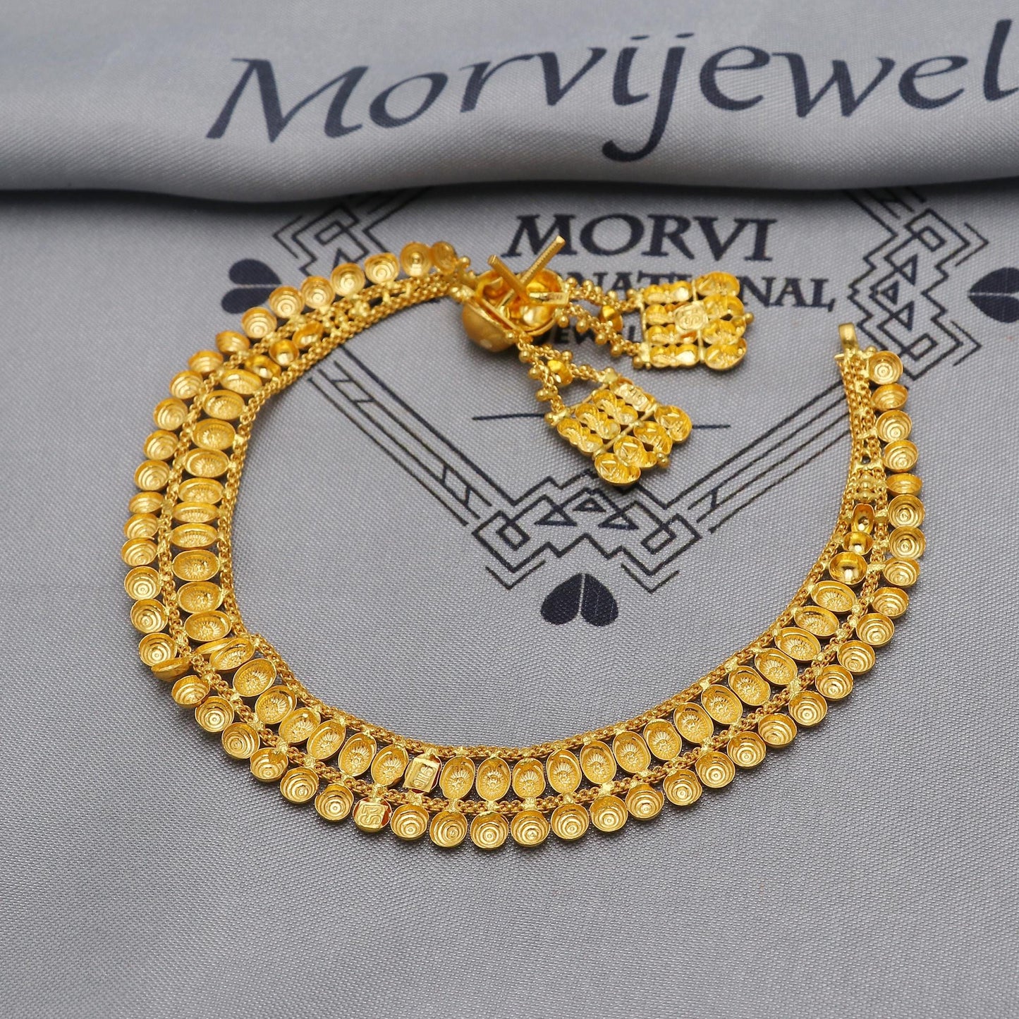 22k Yellow Gold Choker Necklace Set with Earrings, Indian Pure Gold Set, Indian Gold Jewelry, Wedding Indian Style Party Necklace, K6447