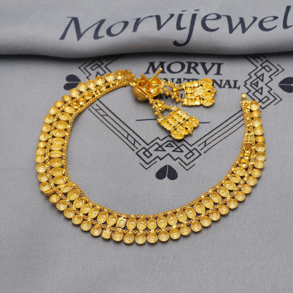 22k Yellow Gold Choker Necklace Set with Earrings, Indian Pure Gold Set, Indian Gold Jewelry, Wedding Indian Style Party Necklace, K6447