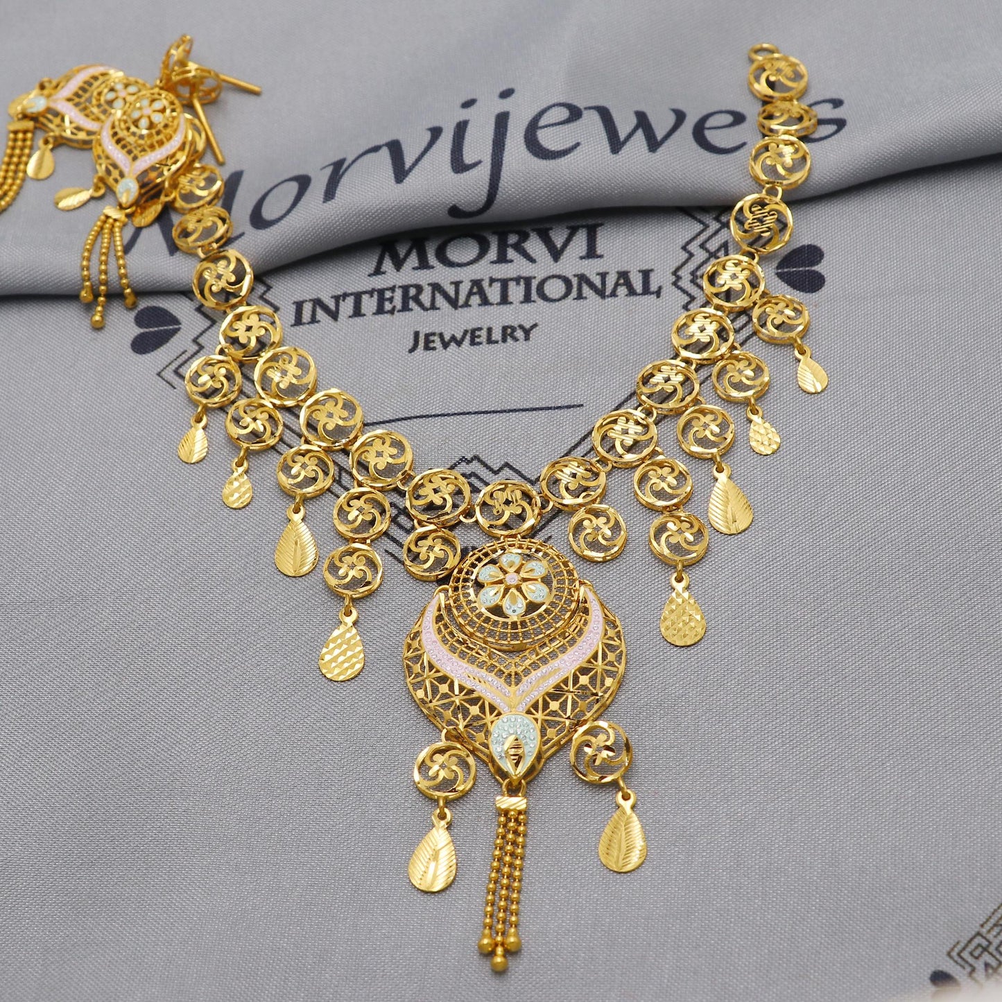 22k Yellow Gold Necklace Set with Earrings, Floral Enameled Pure Gold Set, Indian Gold Women Jewelry, Wedding Party Necklace, K6449