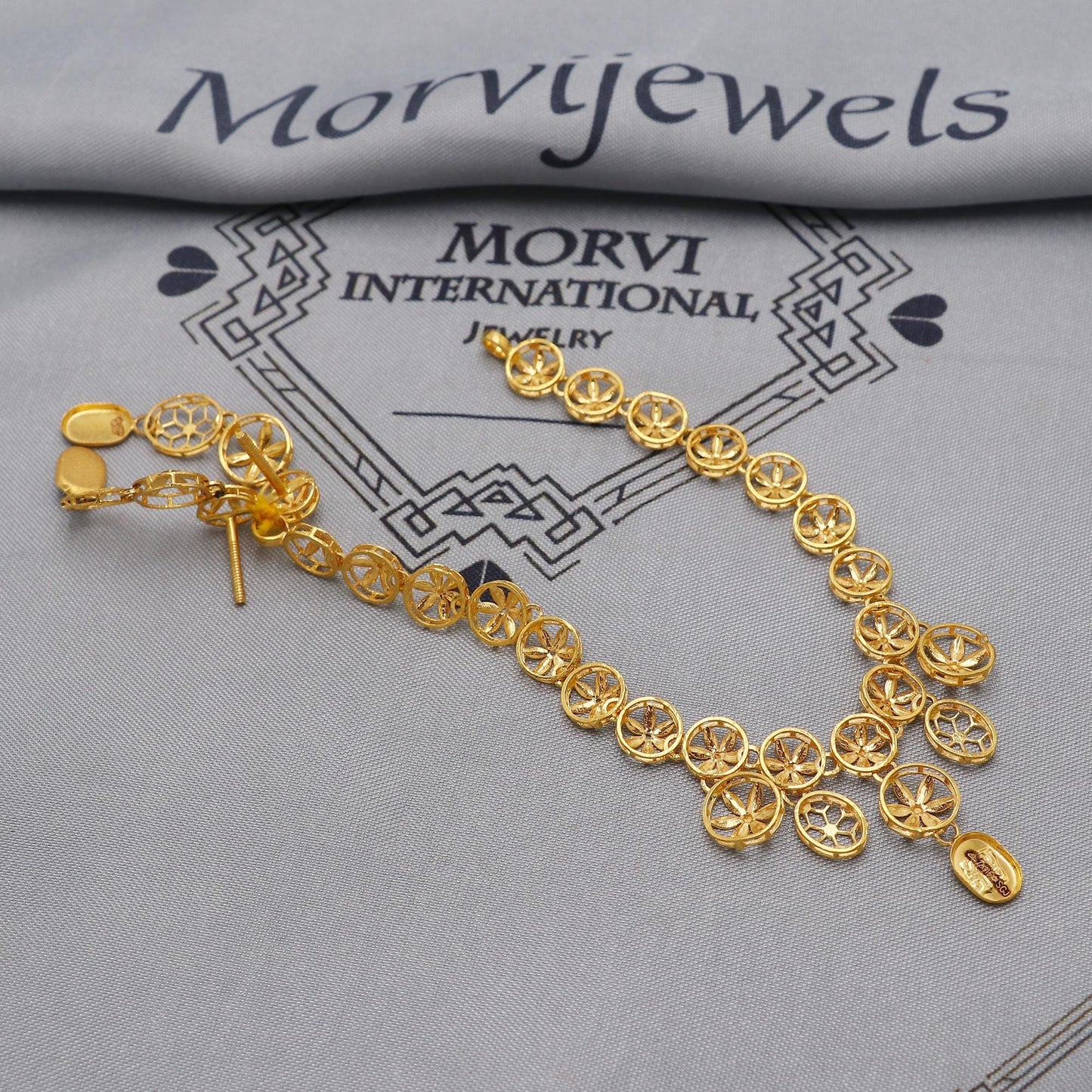 22k Yellow Gold Necklace Set with Earrings, Floral Flower Pure Gold Set, Indian Gold Women Jewelry, Wedding Party Necklace, K6451