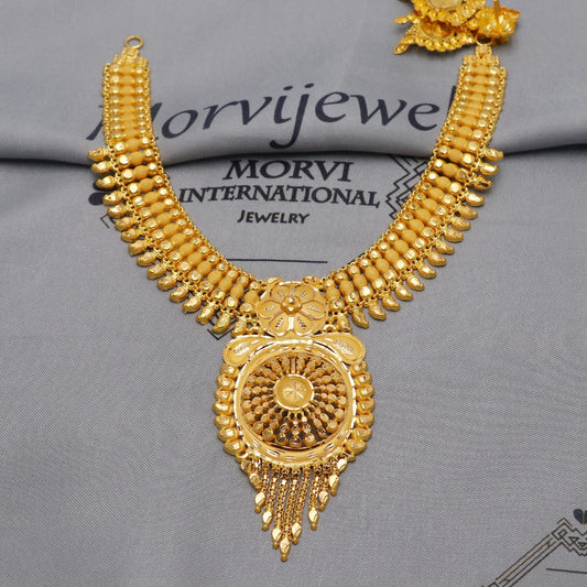 22k Yellow Gold Choker Necklace Set with Earrings, Vintage antique Indian Pure Gold Set, Indian Gold Jewelry, Wedding Party Necklace, K6452