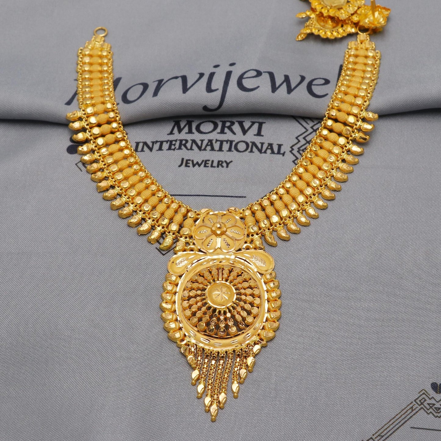 22k Yellow Gold Choker Necklace Set with Earrings, Vintage antique Indian Pure Gold Set, Indian Gold Jewelry, Wedding Party Necklace, K6452