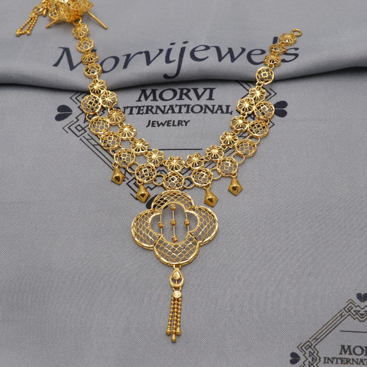 22k Yellow Gold Necklace Set with Earrings, Filigree Style Pure Gold Set, Indian Gold Women Jewelry, Wedding Party Necklace, K6455