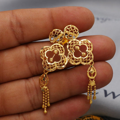 22k Yellow Gold Necklace Set with Earrings, Filigree Style Pure Gold Set, Indian Gold Women Jewelry, Wedding Party Necklace, K6455