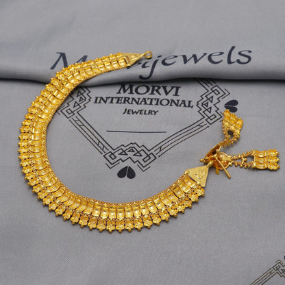 22k Yellow Gold Choker Necklace Set with Earrings, Indian Pure Gold Set, Indian Gold Jewelry, Wedding Indian Style Party Necklace, K6456