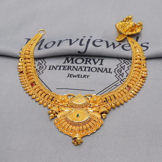 22k Yellow Gold Choker Necklace Set with Earrings, Indian Pure Gold Set, Indian Gold Jewelry, Wedding Indian Style Party Necklace, K6457