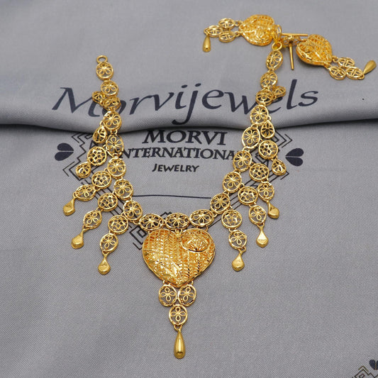 22k Yellow Gold Necklace Set with Earrings, Filigree Style Pure Gold Set, Indian Gold Women Jewelry, Wedding Party Necklace, K6458