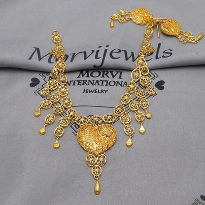 22k Yellow Gold Necklace Set with Earrings, Filigree Style Pure Gold Set, Indian Gold Women Jewelry, Wedding Party Necklace, K6458