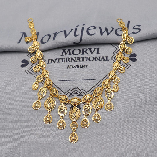 Light Weight Filigree 22k Yellow Gold Necklace Handmade Pure Gold Classic Jewelry Set, Women Gold Jewelry, Wedding Party Necklace, K6460