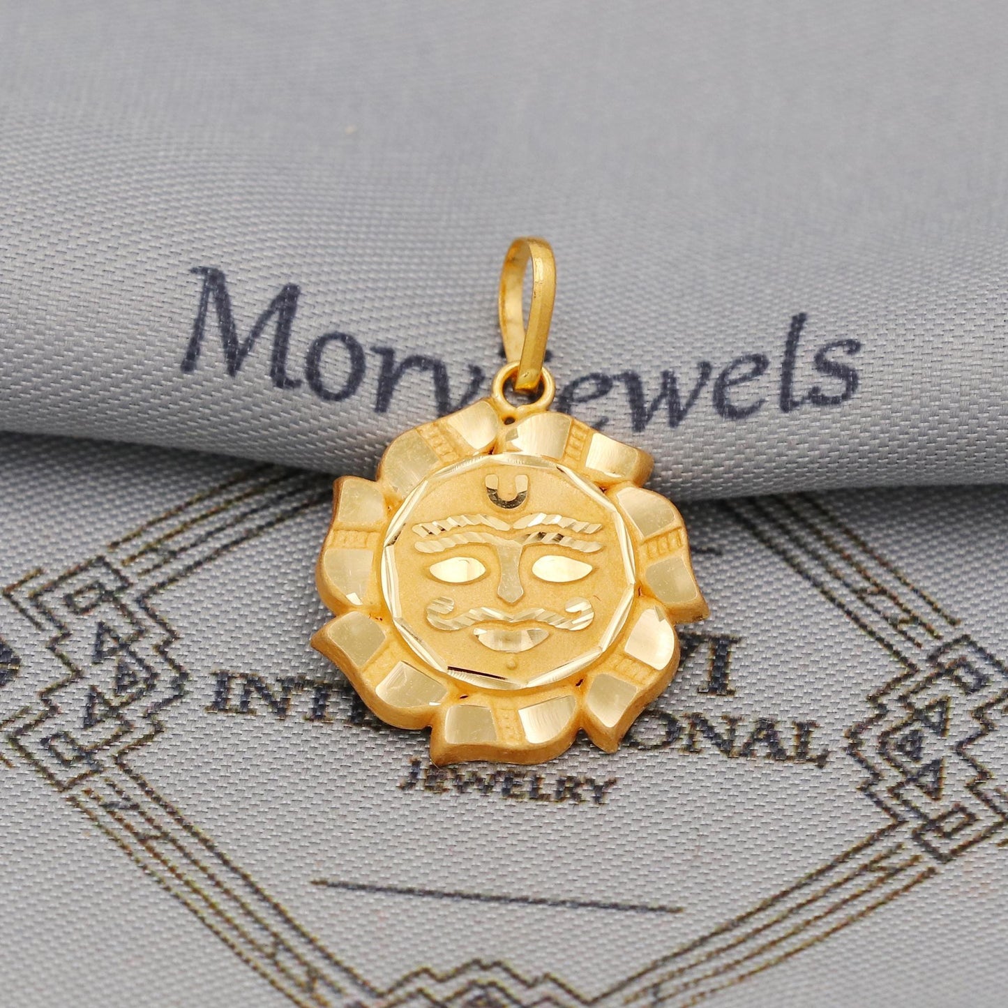 thin dainty 18k gold pendant sun moon face, Handmade Carved design India Pendant Locket, K6438